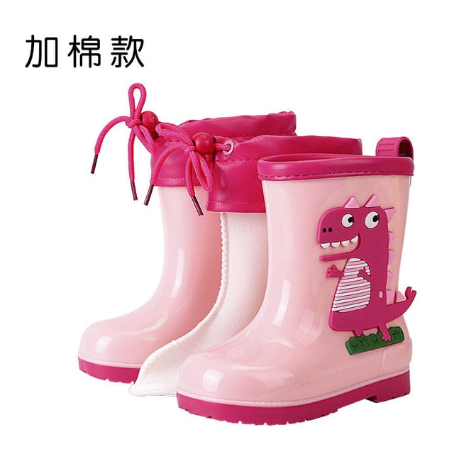 Rain Boots Kids Winter Girl Cute 3D Dinosaur Children's Boys Boots Plush Warm Ankle PVC Waterproof Baby Water Shoes Rainboots