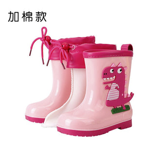 Rain Boots Kids Winter Girl Cute 3D Dinosaur Children's Boys Boots Plush Warm Ankle PVC Waterproof Baby Water Shoes Rainboots