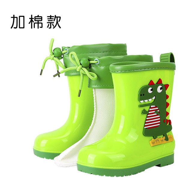 Rain Boots Kids Winter Girl Cute 3D Dinosaur Children's Boys Boots Plush Warm Ankle PVC Waterproof Baby Water Shoes Rainboots