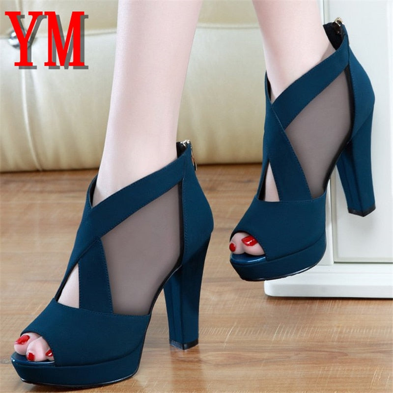 Gladiator Sandals Women Shoes Sexy Peep Toe Pumps Cross Womens Blue Mesh Ladies Shoe Zapatos Mujer High Heels Wedding Plus 35-40