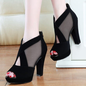 Gladiator Sandals Women Shoes Sexy Peep Toe Pumps Cross Womens Blue Mesh Ladies Shoe Zapatos Mujer High Heels Wedding Plus 35-40