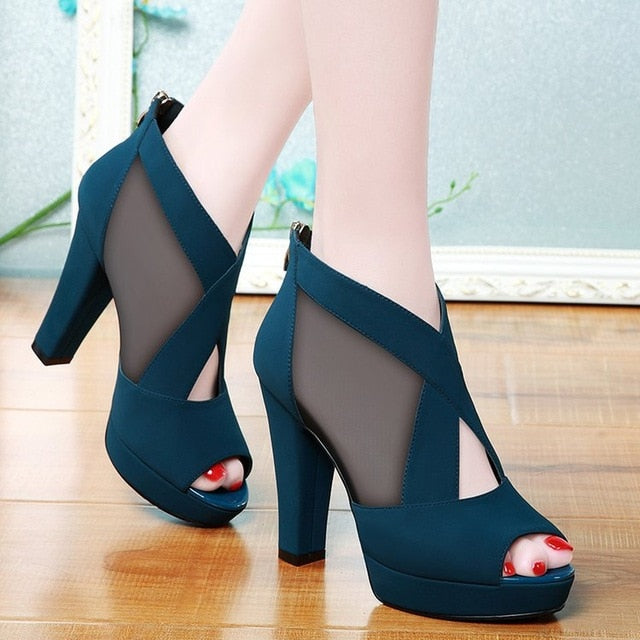 Gladiator Sandals Women Shoes Sexy Peep Toe Pumps Cross Womens Blue Mesh Ladies Shoe Zapatos Mujer High Heels Wedding Plus 35-40