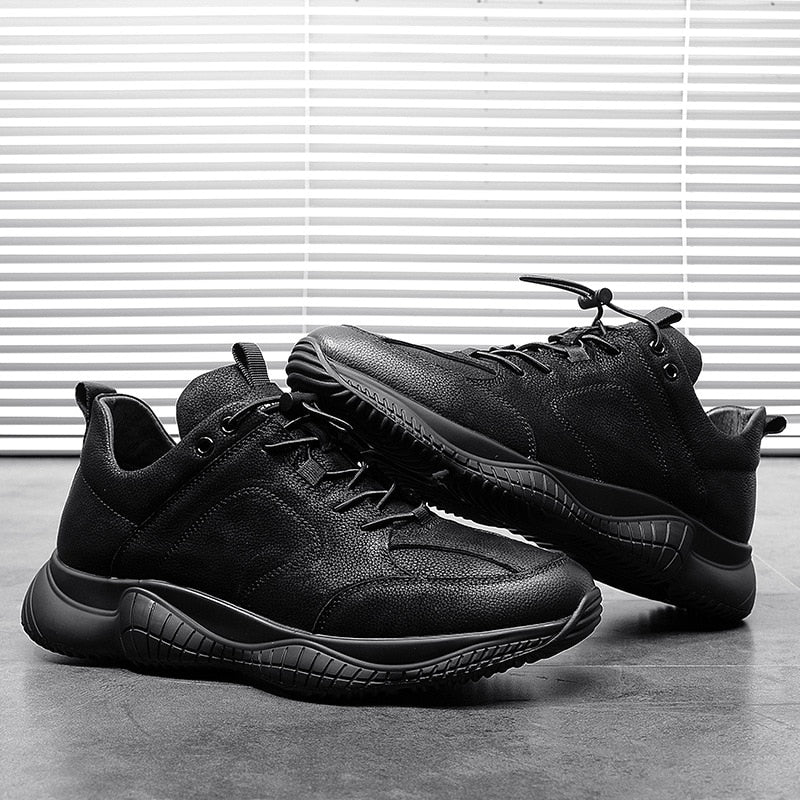 NEW Brand High Quality All Black Men's Leather Casual Shoes Fashion Breathable Sneakers Fashion Flats Big Plus Size 38-44 R5-27