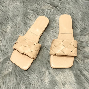 Rimocy Blue Weave Flat Slippers for Women 2020 Summer Open Toe Beach Sandals Flip Flops Woman Outdoor Casual Soft Leather Slides