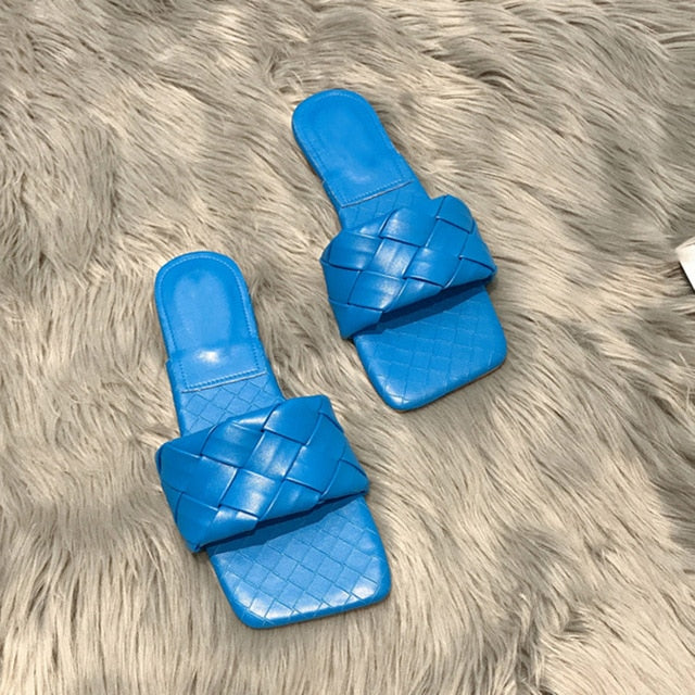 Rimocy Blue Weave Flat Slippers for Women 2020 Summer Open Toe Beach Sandals Flip Flops Woman Outdoor Casual Soft Leather Slides
