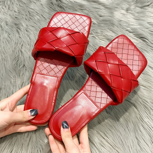 Rimocy Blue Weave Flat Slippers for Women 2020 Summer Open Toe Beach Sandals Flip Flops Woman Outdoor Casual Soft Leather Slides