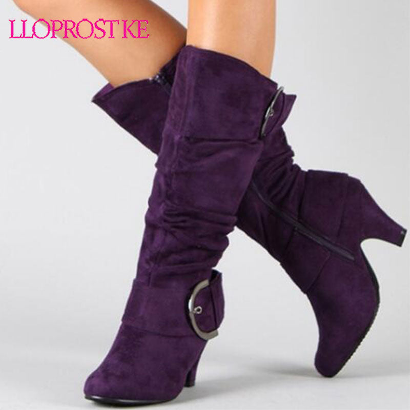 Lloprost ke Large Size 43 2019 Knee High Boots Women Autumn Faux Suede Buckle Fashion Spike Heels Woman Shoes Winter Hot Sale