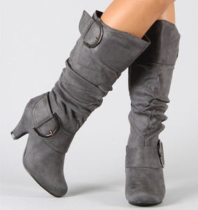 Lloprost ke Large Size 43 2019 Knee High Boots Women Autumn Faux Suede Buckle Fashion Spike Heels Woman Shoes Winter Hot Sale