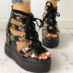 Women Sandals 2020 High Heel Casual Ethnic Flower Floral Open Toe wedges Platform Height Increasing Chunky Ladies Party Shoes