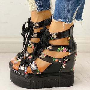 Women Sandals 2020 High Heel Casual Ethnic Flower Floral Open Toe wedges Platform Height Increasing Chunky Ladies Party Shoes