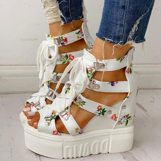 Women Sandals 2020 High Heel Casual Ethnic Flower Floral Open Toe wedges Platform Height Increasing Chunky Ladies Party Shoes