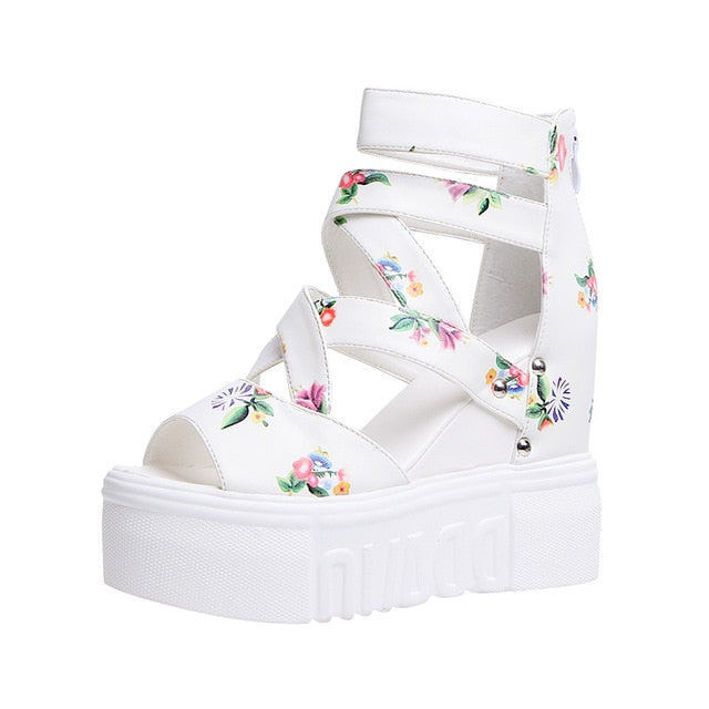 Women Sandals 2020 High Heel Casual Ethnic Flower Floral Open Toe wedges Platform Height Increasing Chunky Ladies Party Shoes