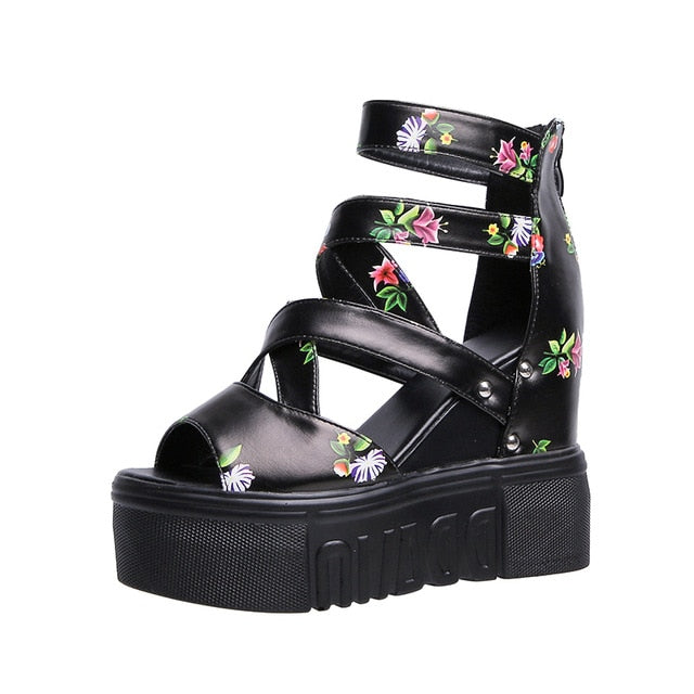 Women Sandals 2020 High Heel Casual Ethnic Flower Floral Open Toe wedges Platform Height Increasing Chunky Ladies Party Shoes