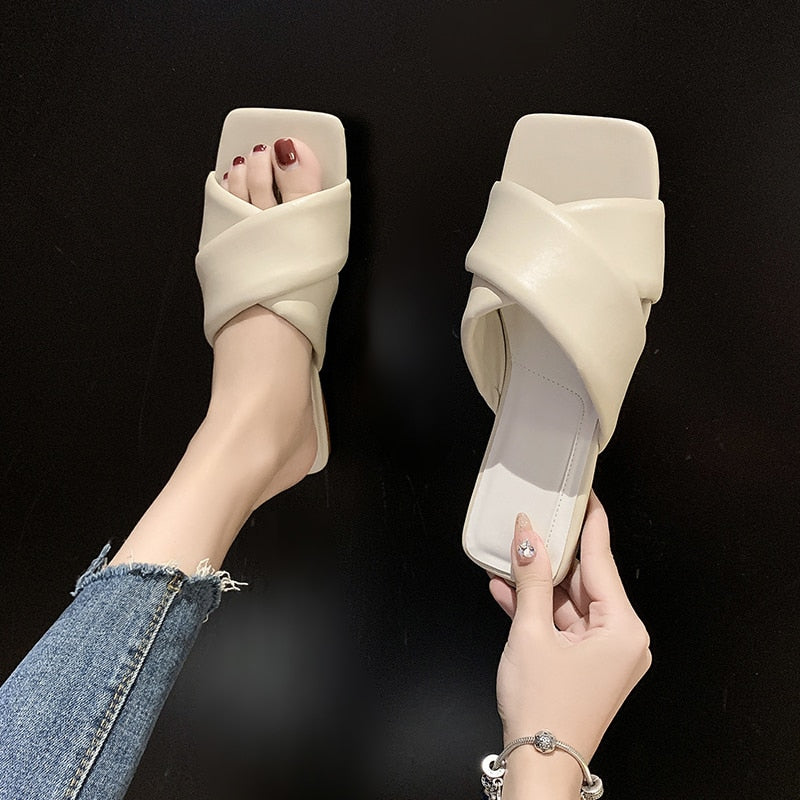 Lucyever Soft Pu Leather Rubber Slippers Women Fashion Cross Strap Black Beige Flip Flops Woman Summer Beach Flat Sandals Mujer