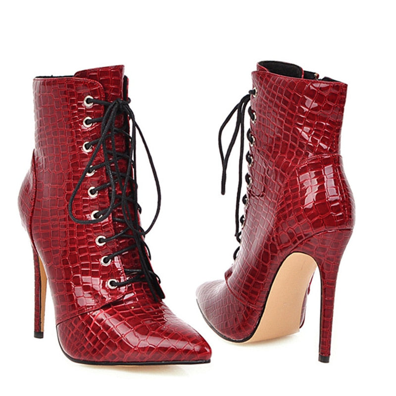 Sexy Ankle Boots For Women Fashion High Heel Snake Red White Boots Women Pointed Toe Lace Up Shoes Woman Autumn Large Size 46 48