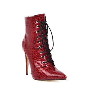 Sexy Ankle Boots For Women Fashion High Heel Snake Red White Boots Women Pointed Toe Lace Up Shoes Woman Autumn Large Size 46 48