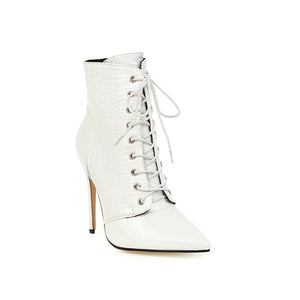 Sexy Ankle Boots For Women Fashion High Heel Snake Red White Boots Women Pointed Toe Lace Up Shoes Woman Autumn Large Size 46 48