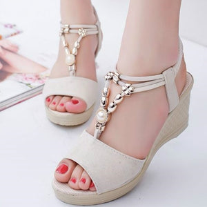 Summer Women Gladiator Sandals Wedges High Heel Platform Laides Shoes Peep Toe String Beads Casual Female Zapatos De Mujer
