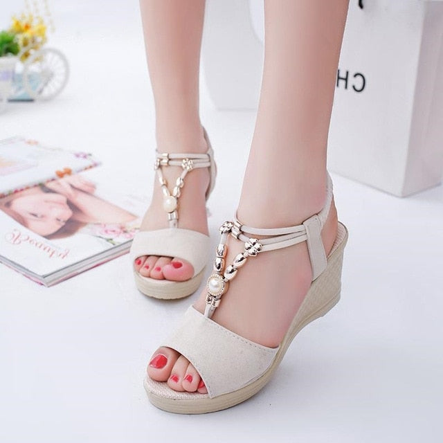 Summer Women Gladiator Sandals Wedges High Heel Platform Laides Shoes Peep Toe String Beads Casual Female Zapatos De Mujer