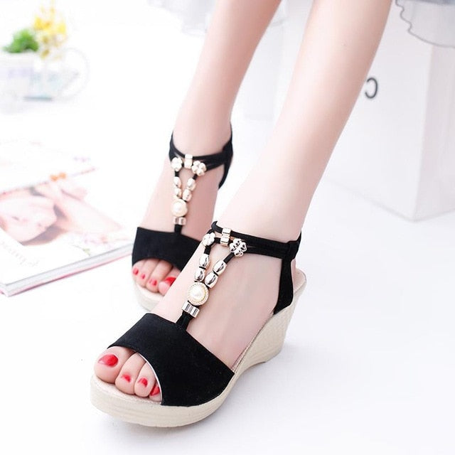 Summer Women Gladiator Sandals Wedges High Heel Platform Laides Shoes Peep Toe String Beads Casual Female Zapatos De Mujer