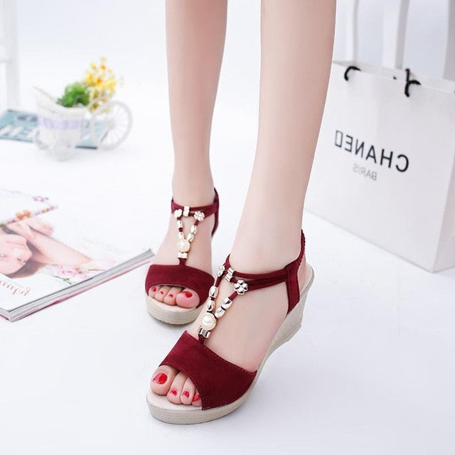 Summer Women Gladiator Sandals Wedges High Heel Platform Laides Shoes Peep Toe String Beads Casual Female Zapatos De Mujer