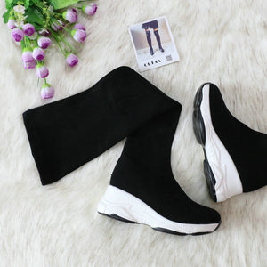 QUTAA 2021 Round Toe Over The Knee Women Boots Autumn Winter Wedge Heel Fashion Casual Women Shoes Flock Stretch Boot Size 34-43