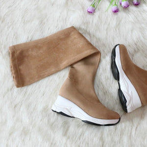 QUTAA 2021 Round Toe Over The Knee Women Boots Autumn Winter Wedge Heel Fashion Casual Women Shoes Flock Stretch Boot Size 34-43