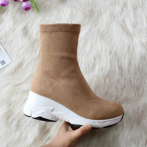 QUTAA 2021 Round Toe Over The Knee Women Boots Autumn Winter Wedge Heel Fashion Casual Women Shoes Flock Stretch Boot Size 34-43
