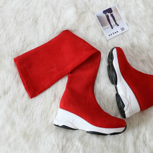 QUTAA 2021 Round Toe Over The Knee Women Boots Autumn Winter Wedge Heel Fashion Casual Women Shoes Flock Stretch Boot Size 34-43