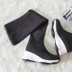 QUTAA 2021 Round Toe Over The Knee Women Boots Autumn Winter Wedge Heel Fashion Casual Women Shoes Flock Stretch Boot Size 34-43