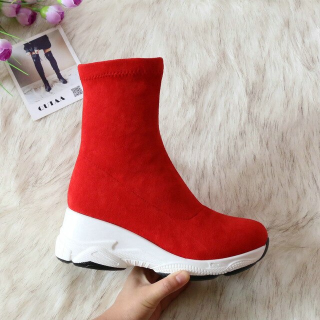 QUTAA 2021 Round Toe Over The Knee Women Boots Autumn Winter Wedge Heel Fashion Casual Women Shoes Flock Stretch Boot Size 34-43