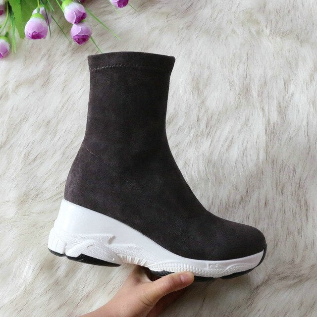 QUTAA 2021 Round Toe Over The Knee Women Boots Autumn Winter Wedge Heel Fashion Casual Women Shoes Flock Stretch Boot Size 34-43