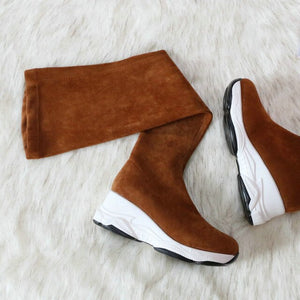 QUTAA 2021 Round Toe Over The Knee Women Boots Autumn Winter Wedge Heel Fashion Casual Women Shoes Flock Stretch Boot Size 34-43