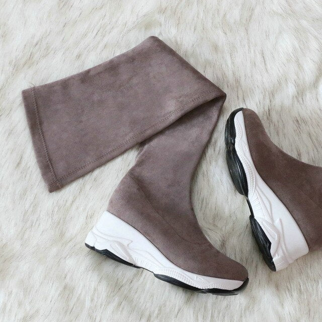 QUTAA 2021 Round Toe Over The Knee Women Boots Autumn Winter Wedge Heel Fashion Casual Women Shoes Flock Stretch Boot Size 34-43