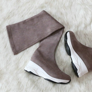QUTAA 2021 Round Toe Over The Knee Women Boots Autumn Winter Wedge Heel Fashion Casual Women Shoes Flock Stretch Boot Size 34-43