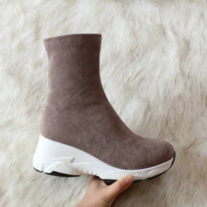 QUTAA 2021 Round Toe Over The Knee Women Boots Autumn Winter Wedge Heel Fashion Casual Women Shoes Flock Stretch Boot Size 34-43