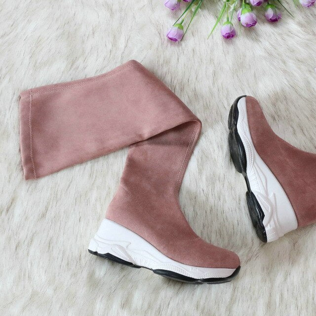 QUTAA 2021 Round Toe Over The Knee Women Boots Autumn Winter Wedge Heel Fashion Casual Women Shoes Flock Stretch Boot Size 34-43
