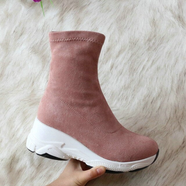 QUTAA 2021 Round Toe Over The Knee Women Boots Autumn Winter Wedge Heel Fashion Casual Women Shoes Flock Stretch Boot Size 34-43