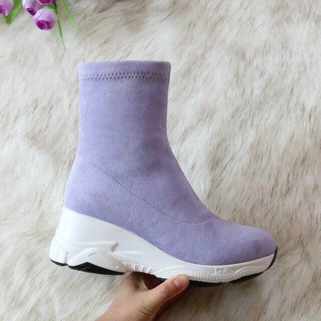QUTAA 2021 Round Toe Over The Knee Women Boots Autumn Winter Wedge Heel Fashion Casual Women Shoes Flock Stretch Boot Size 34-43