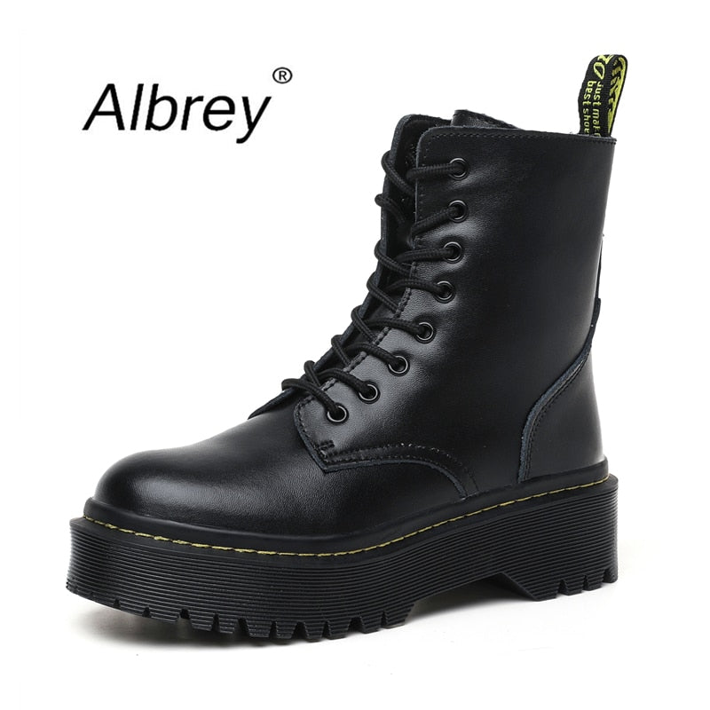 2020New Flat Punk Platform Boots Women Shoes Autumn Winter Fur Fashion Round Toe Lace-up Genuine Leather Boots Ladies Shoes