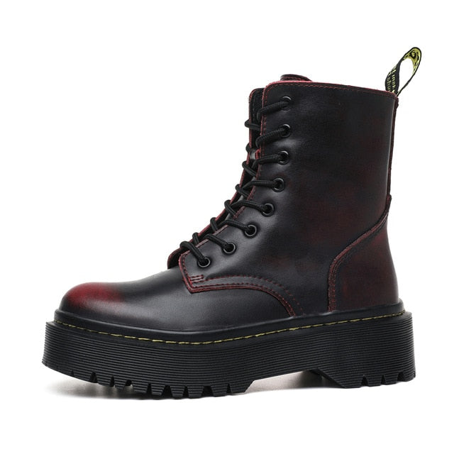 2020New Flat Punk Platform Boots Women Shoes Autumn Winter Fur Fashion Round Toe Lace-up Genuine Leather Boots Ladies Shoes