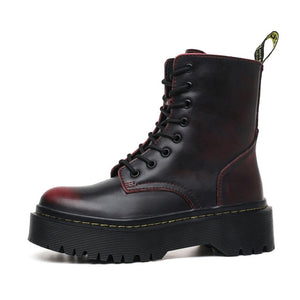 2020New Flat Punk Platform Boots Women Shoes Autumn Winter Fur Fashion Round Toe Lace-up Genuine Leather Boots Ladies Shoes