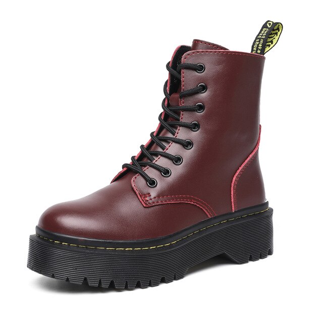 2020New Flat Punk Platform Boots Women Shoes Autumn Winter Fur Fashion Round Toe Lace-up Genuine Leather Boots Ladies Shoes