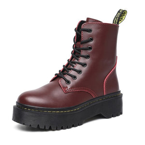 2020New Flat Punk Platform Boots Women Shoes Autumn Winter Fur Fashion Round Toe Lace-up Genuine Leather Boots Ladies Shoes
