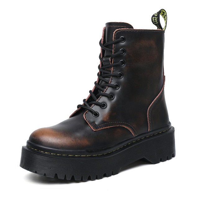 2020New Flat Punk Platform Boots Women Shoes Autumn Winter Fur Fashion Round Toe Lace-up Genuine Leather Boots Ladies Shoes