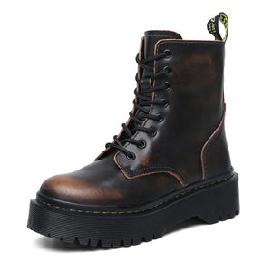 2020New Flat Punk Platform Boots Women Shoes Autumn Winter Fur Fashion Round Toe Lace-up Genuine Leather Boots Ladies Shoes