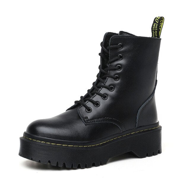 2020New Flat Punk Platform Boots Women Shoes Autumn Winter Fur Fashion Round Toe Lace-up Genuine Leather Boots Ladies Shoes