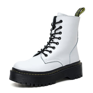 2020New Flat Punk Platform Boots Women Shoes Autumn Winter Fur Fashion Round Toe Lace-up Genuine Leather Boots Ladies Shoes