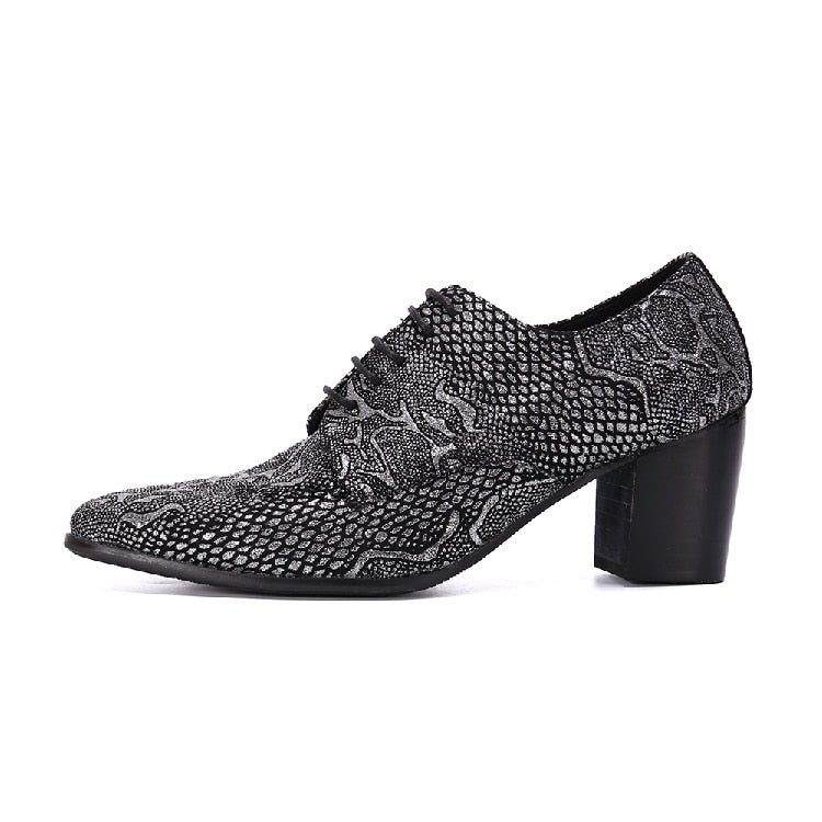 Men Genuine Leather Derby Shoes Office Business Wedding Lace up Pointed Toe Snake Skin Prints Square Heels Shoes Zapatos Hombre