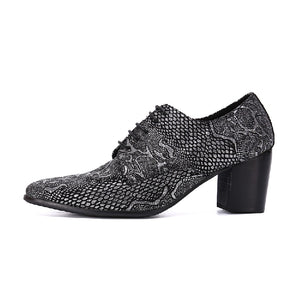 Men Genuine Leather Derby Shoes Office Business Wedding Lace up Pointed Toe Snake Skin Prints Square Heels Shoes Zapatos Hombre